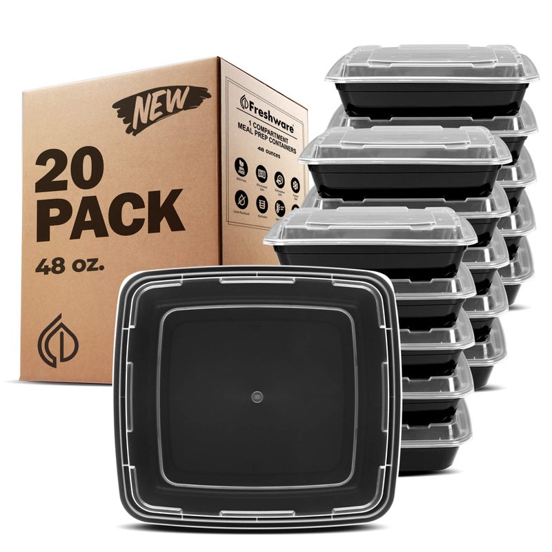 Freshware Meal Prep Containers [20 Pack] 1 Compartment Food Storage Containers with Lids, Bento Box, Stackable, Microwave/Dishwasher Safe (48 oz) - Image 1